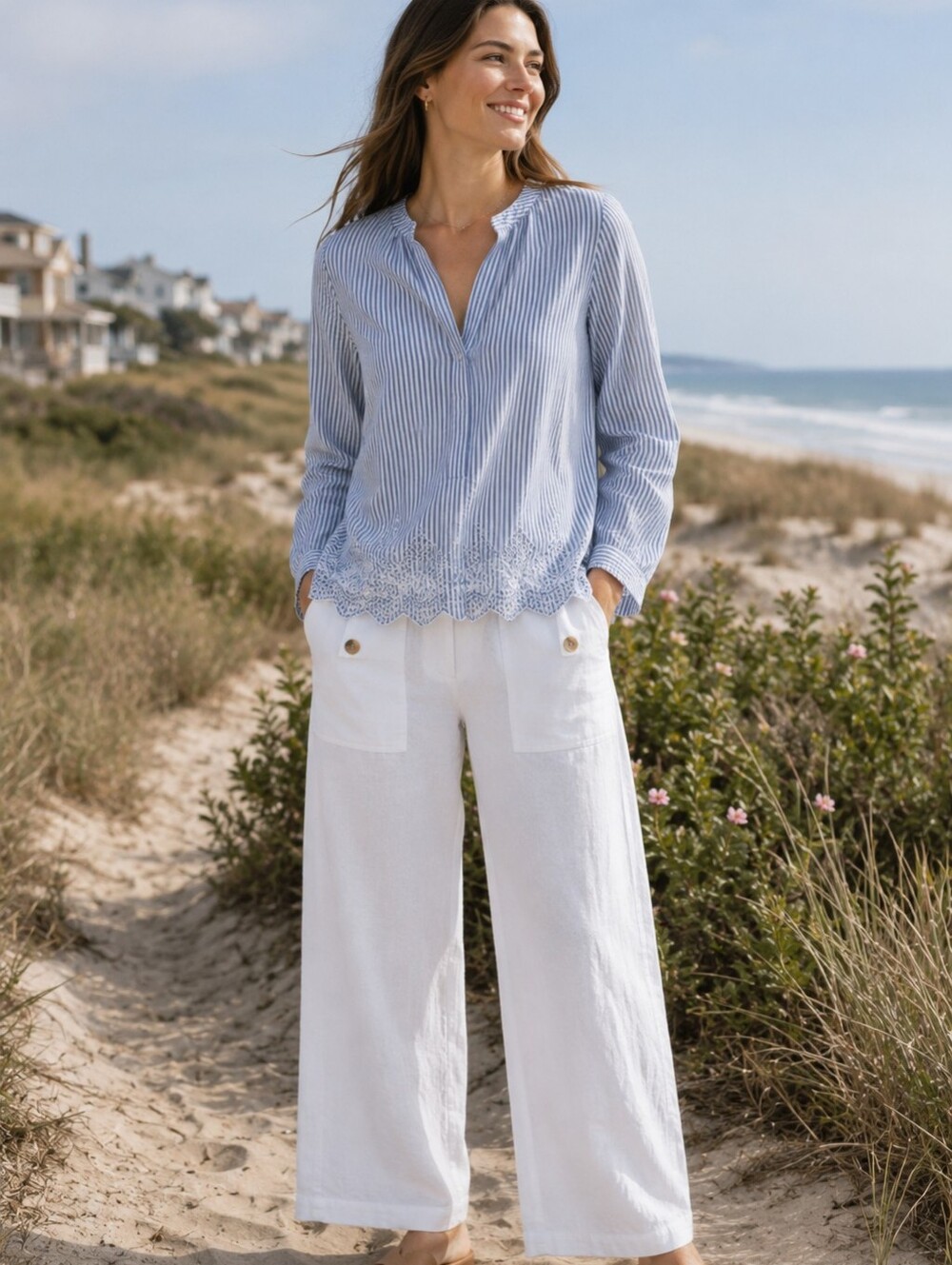 Old Navy Blue White Striped Eyelet Hem Blouse Split Neck Coastal Beach Preppy L